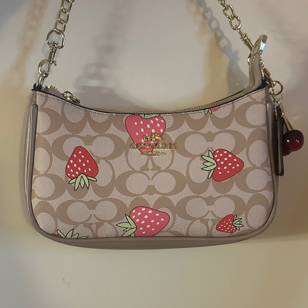 Coach Tan and Pink Strawberry Shoulder Bag